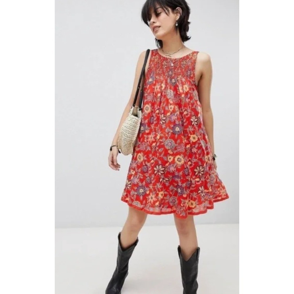 Free‎ People Oh Baby Mini Babydoll Dress Orange Florals Women's Size Small